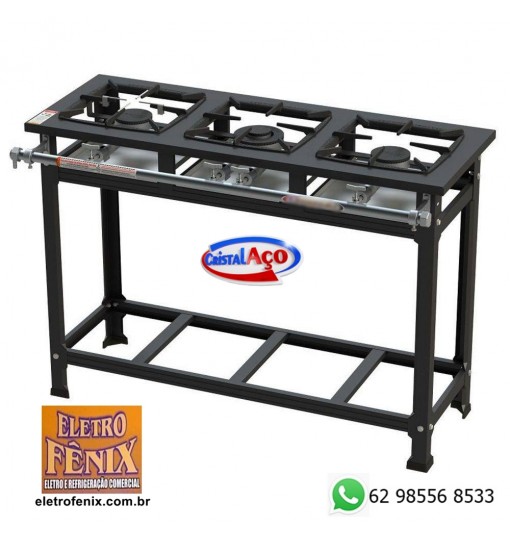 Fogão Industrial 3 Bocas Standard 30x30 Baixa Pressão - Cristal Aço
